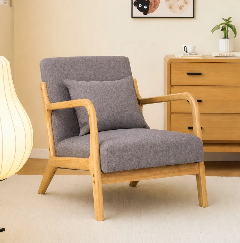 OHAMA - Fauteuil de salon en bois massif et tissu gris