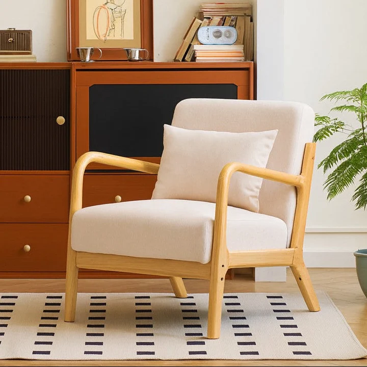 OHAMA - Fauteuil de salon en bois massif et tissu beige