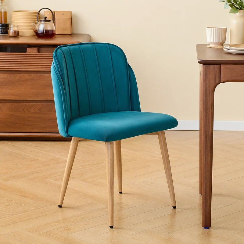 NORA - Lot de 2 chaises en métal effet bois et tissu bleu canard