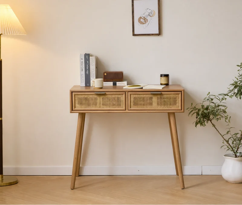NISHIO - Console 2 tiroirs en bois et rotin naturel