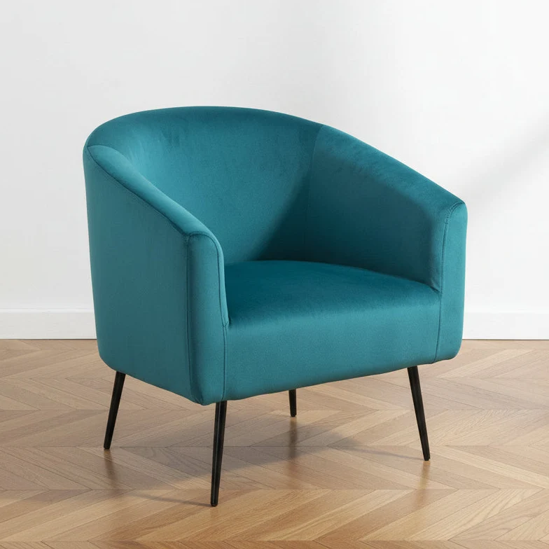 KIRUNA - Fauteuil de salon en métal et velours bleu canard