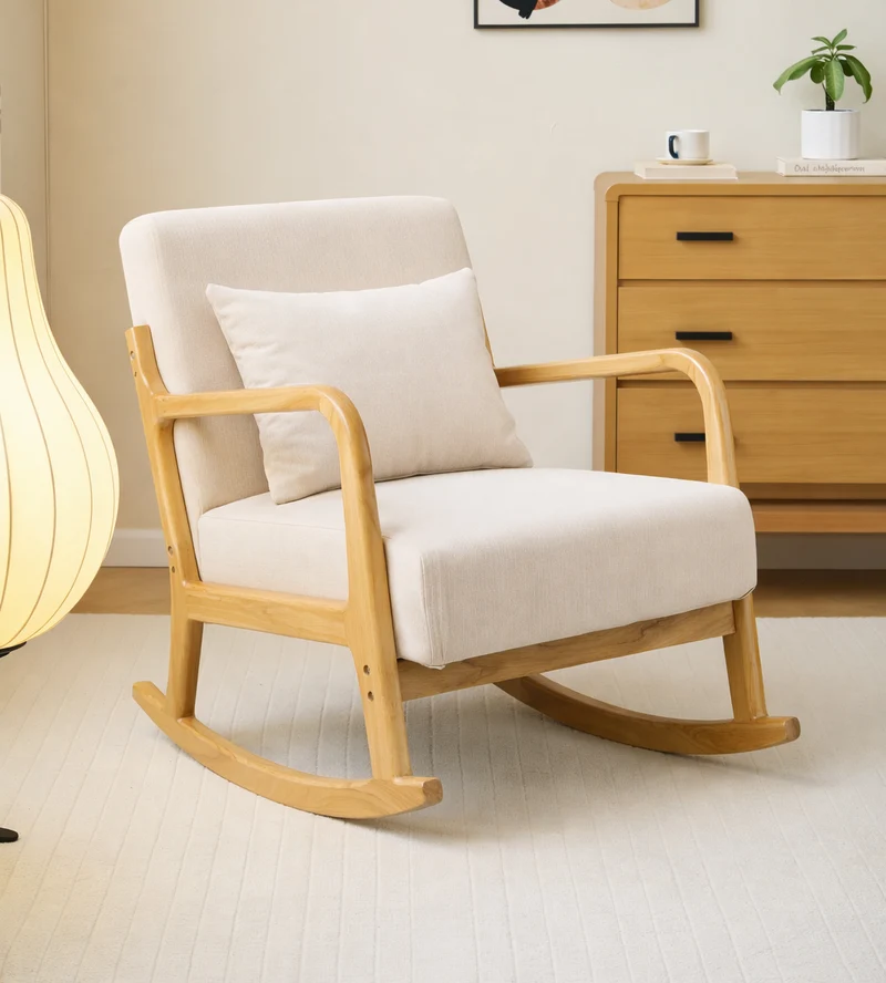 DIANA - Rocking chair en bois massif et tissu beige
