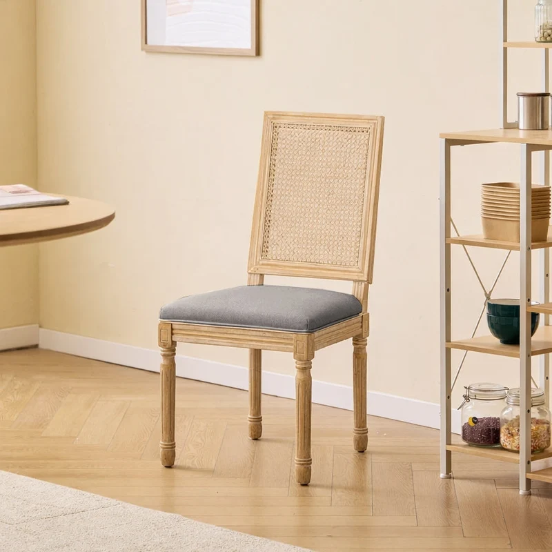 CAMBRIDGE - Lot de 2 chaises en bois et cannage avec assise en tissu gris foncé