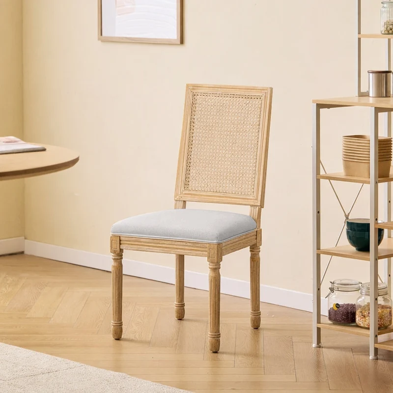 CAMBRIDGE - Lot de 2 chaises en bois et cannage avec assise en tissu gris clair