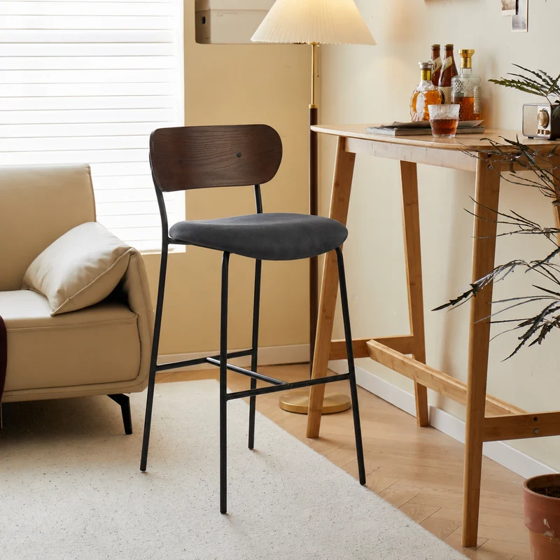 LINCOLN - Lot de 2 tabourets de bar en métal et frêne suèdine noir