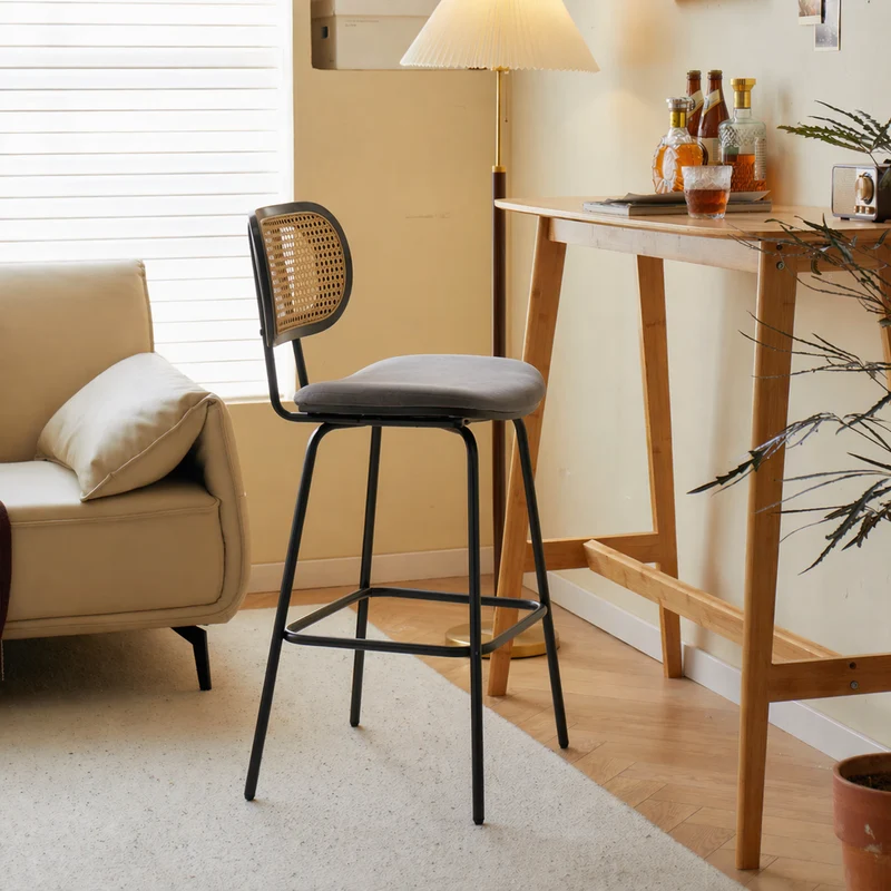 OREBRO - Lot de 2 tabourets de bar en métal et cannage suèdine noir