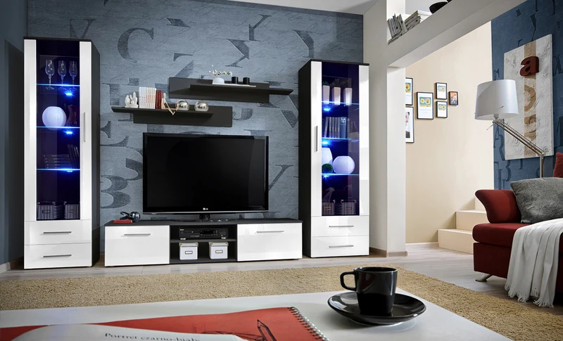Remo - Parete da salotto design moderno con luci a led blu - vari colori