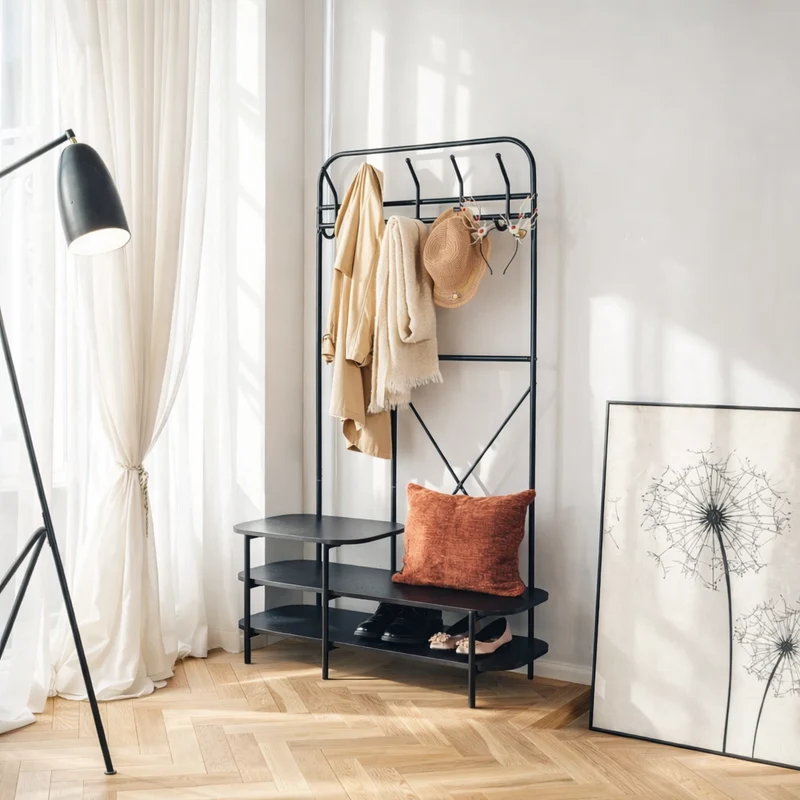LESTER - Vestiaire d'entrée style industriel avec plateaux en bois noir