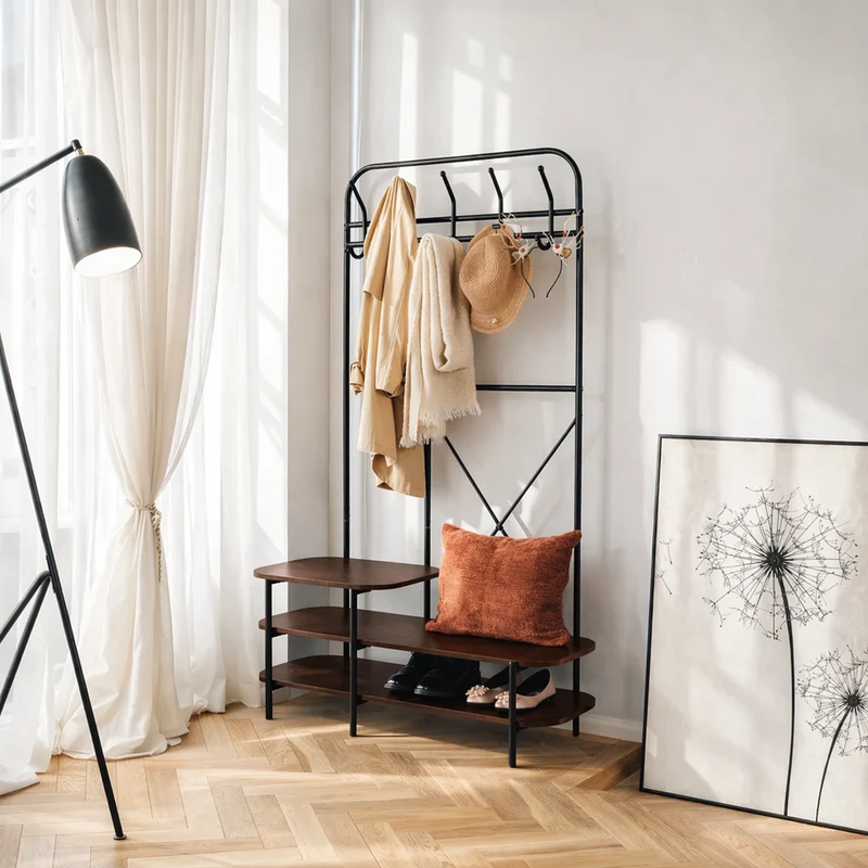 LESTER - Vestiaire d'entrée style industriel avec plateaux en bois marron