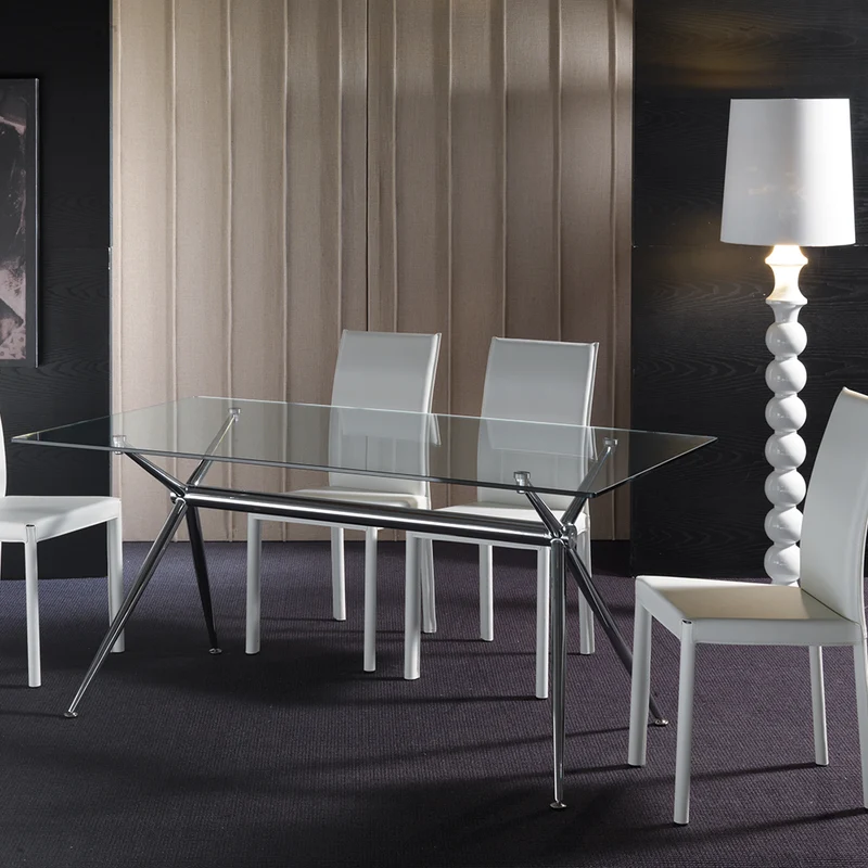 Evelio - Tavolo design fisso scrivania gambe in metallo cromato piano in vetro trasparente - varie misure
