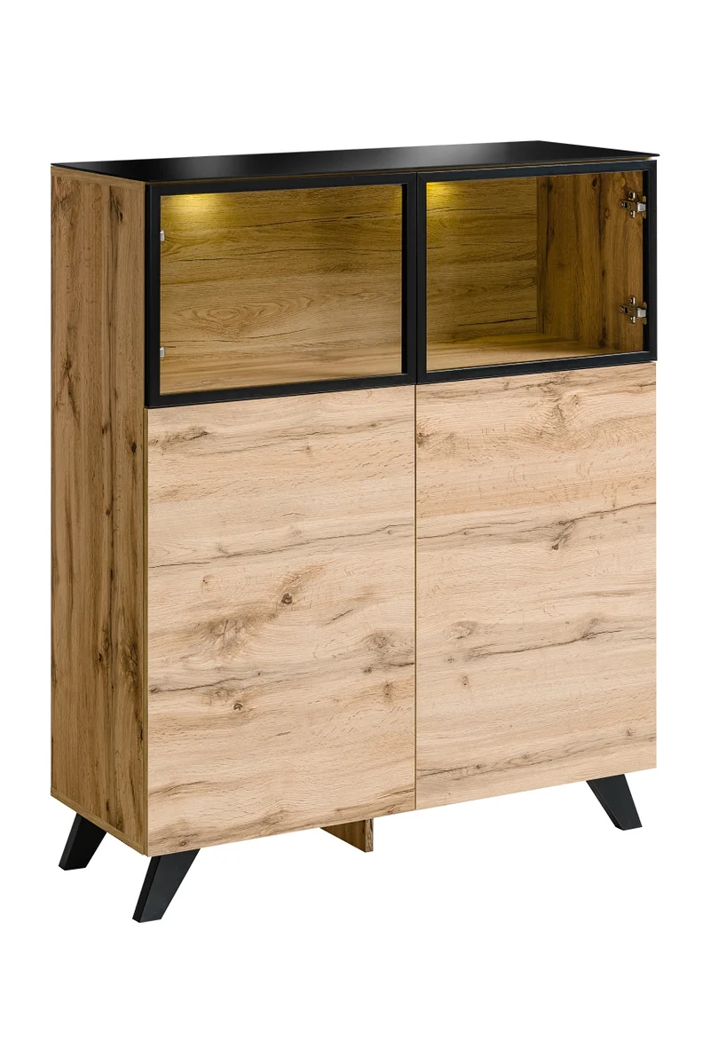 Credenza alta con vetrinetta stile industrial in legno con luci a led cm 100x40x123h