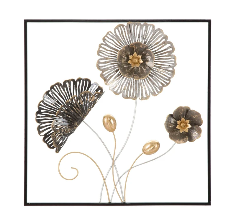 Quadretto decorativo da parete in metallo 3D con fiori cm 50x5x50h