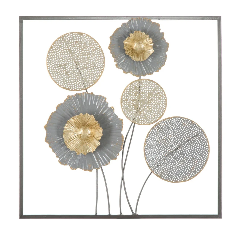 Pannello moderno quadretto da parete in metallo con fiori lavorati cm 50x3x50h