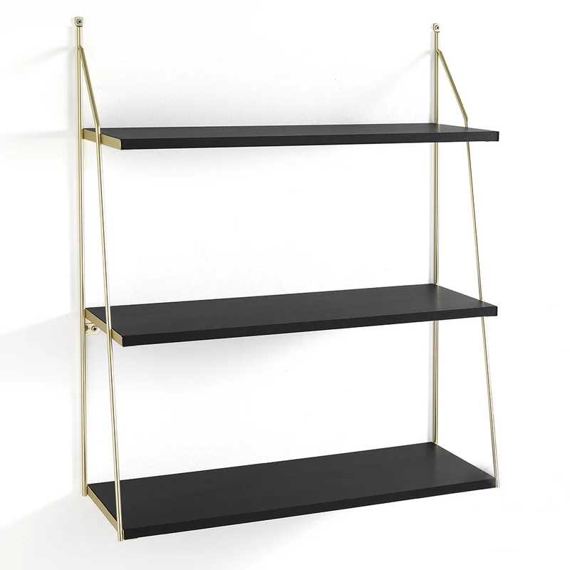 Mensola da parete moderna 3 ripiani in legno e acciaio dorato cm 60x20x75h
