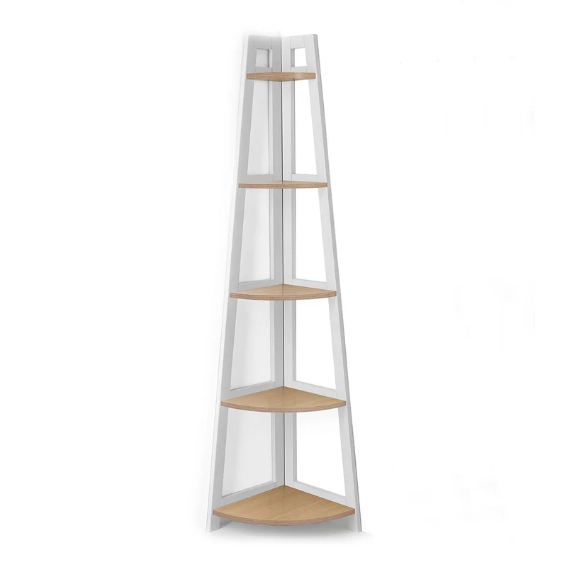 Libreria moderna angolare in legno bianco e rovere 5 ripiani cm 36x36x170h