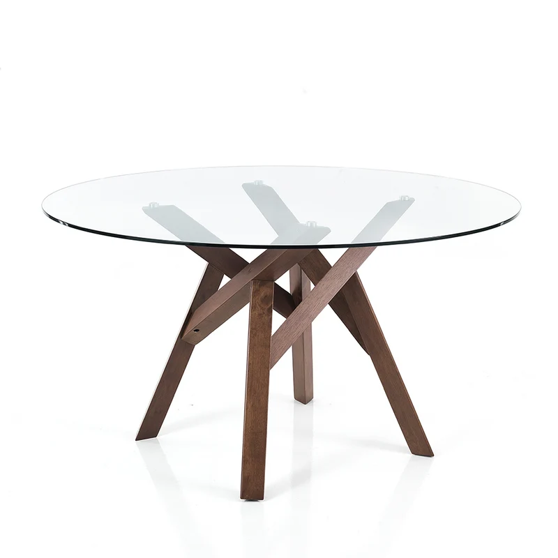 Tavolo design tondo piano in vetro base in legno massello cm Ø 137x75h - vari colori