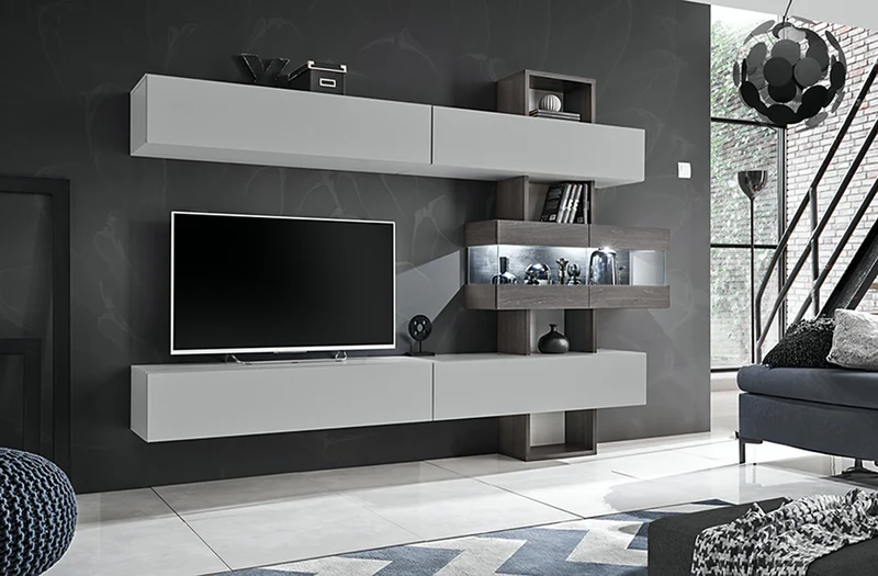 Tokyo - Parete attrezzata moderna mobile soggiorno colore grigio chiaro e cemento con Led