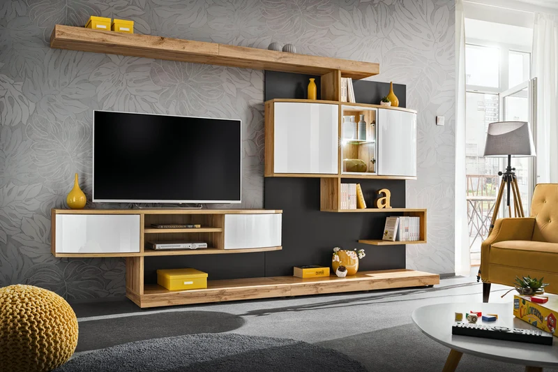 Palermo - Parete attrezzata da salotto moderna con vetrina mobile tv e mensole bianco e rovere chiaro