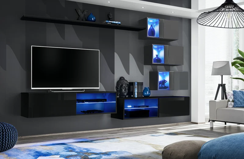 Alcanet - Parete componibile pensili sospesi con luci a led - vari colori