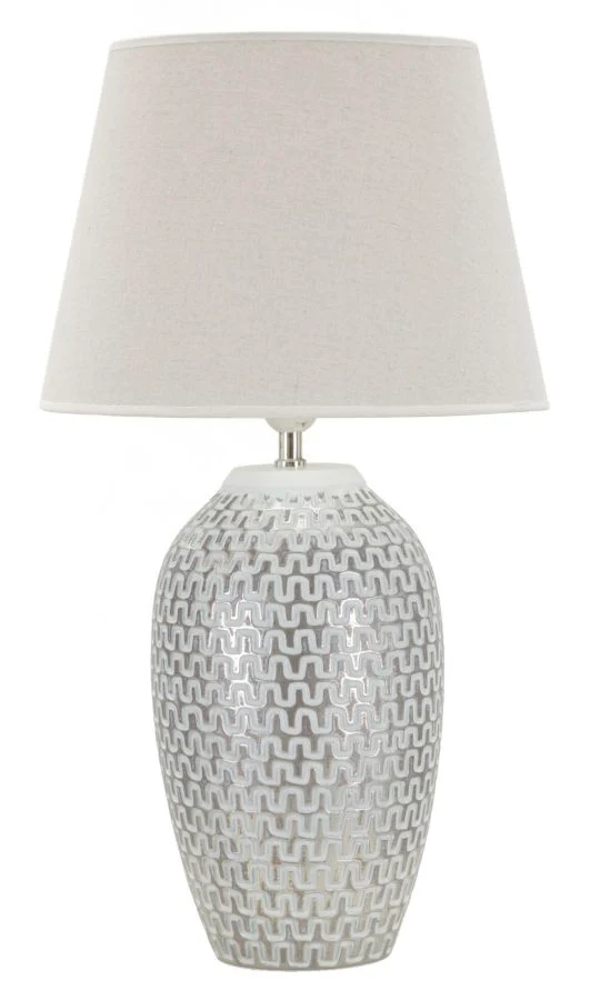 Lampada da Tavolo Resina Wave Ø35x65 cm in Resina e Ferro e Tessuto Argento e Bianco