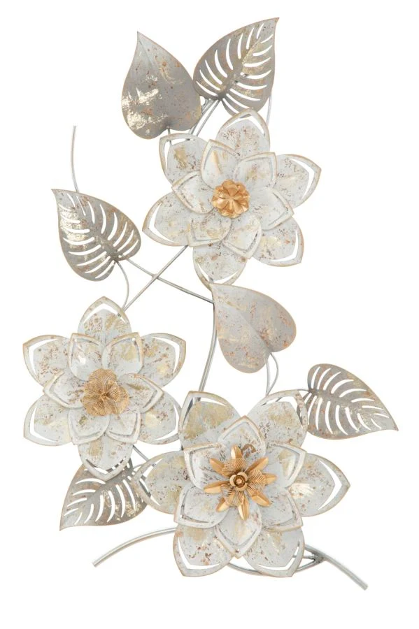 Decorazione da parete in metallo 3D con fiori bianco e oro cm 39x5x67h