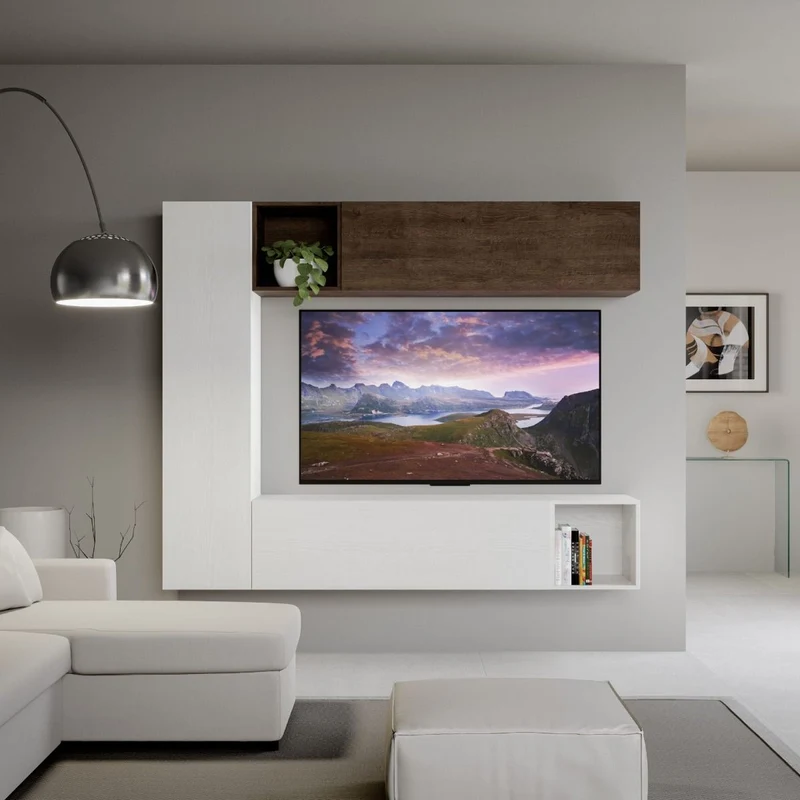 Tarika - Parete design componibile moderna in legno bianco frassino e noce