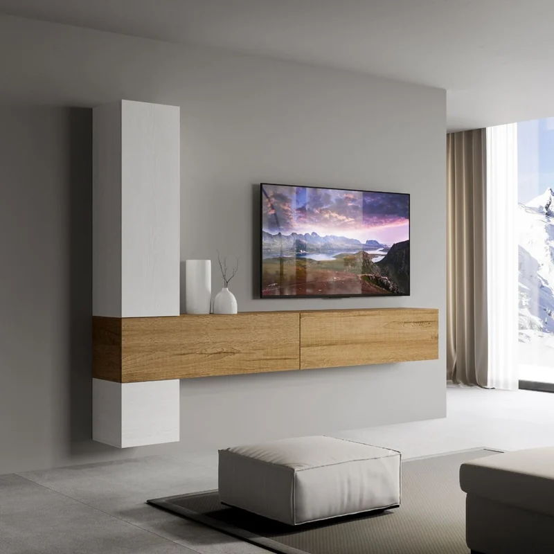 Melita - Parete moderna composizione pensili design in legno bianco e quercia