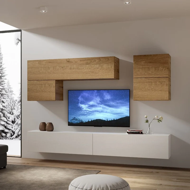 Doroty - Soggiorno a parete moderna pensili in legno bianco e quercia