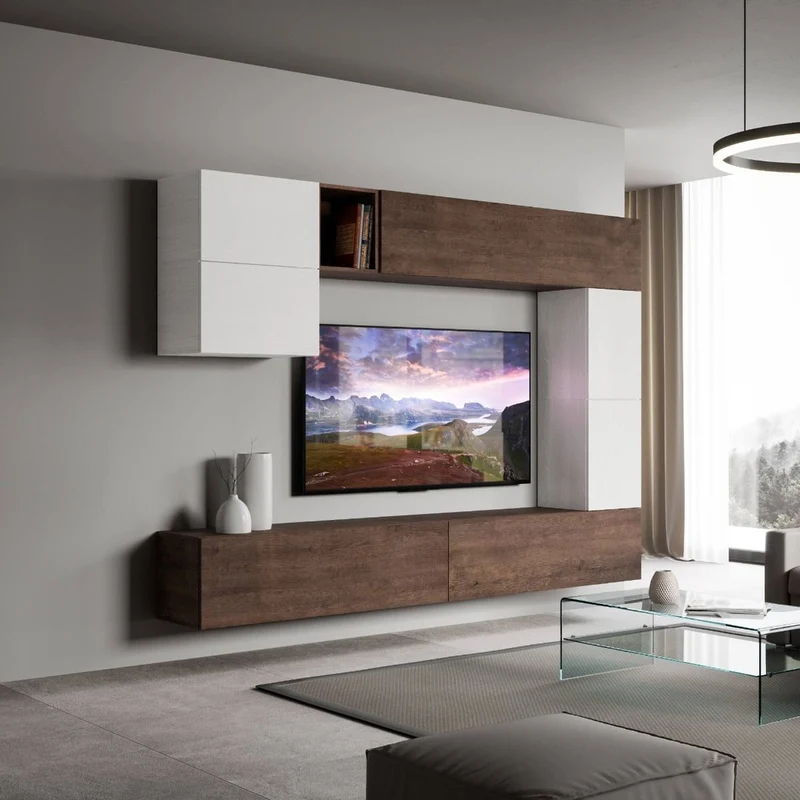 Erika - Parete salotto moderna sospesa in legno pensili bianco e noce