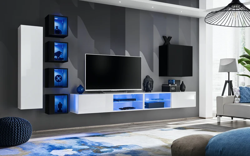 Faruk - Parete da soggiorno componibile con pensili e luci a led - vari colori