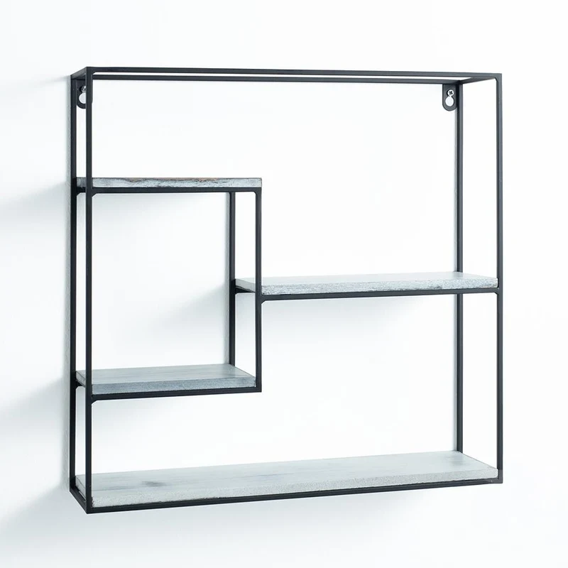 Mensola da parete quadrata in metallo con piani in legno massello colore nero e bianco cm 40x10x40h