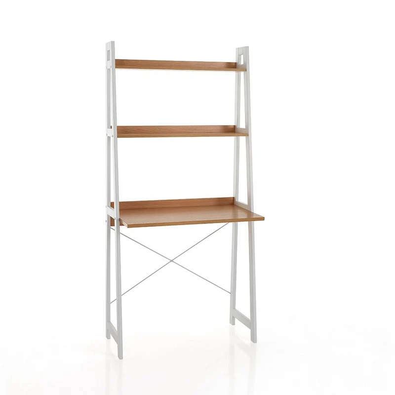 Scrivania moderna con ripiani e scrittoio in legno colore bianco e rovere cm 80x45x170h