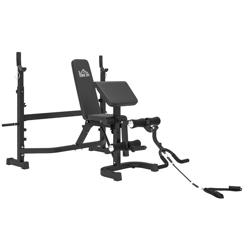 Panca Multifunzione Regolabile 187x140x117-136 cm con Rack Bilanciere in Acciaio e PU Grigio e Nero