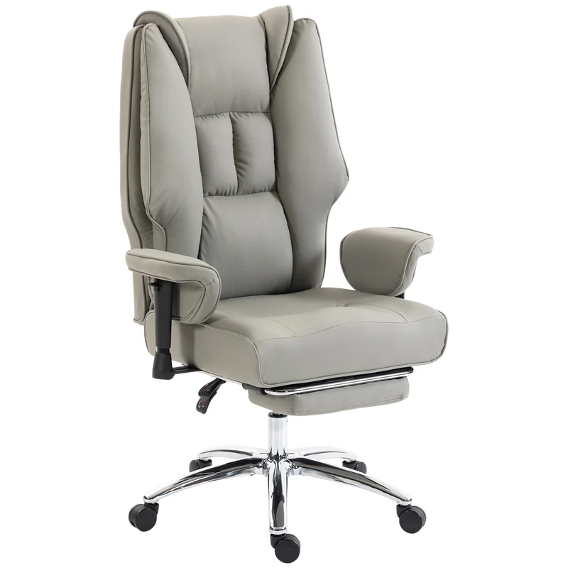 Sedia da Ufficio Ergonomica 78x70x118-126 cm Reclinabile con Poggiapiedi Schienale Alto in Finta Pelle Grigio Chiaro