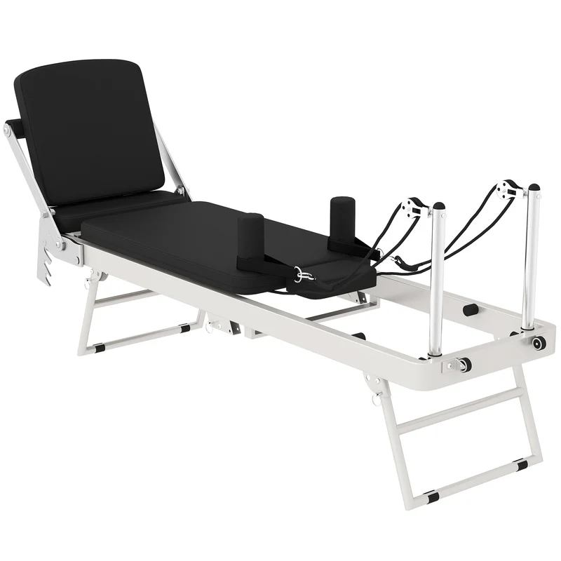 Reformer Pilates Pieghevole 195x56x88 cm con 2 Bande Elastiche in Acciaio e PU Bianco