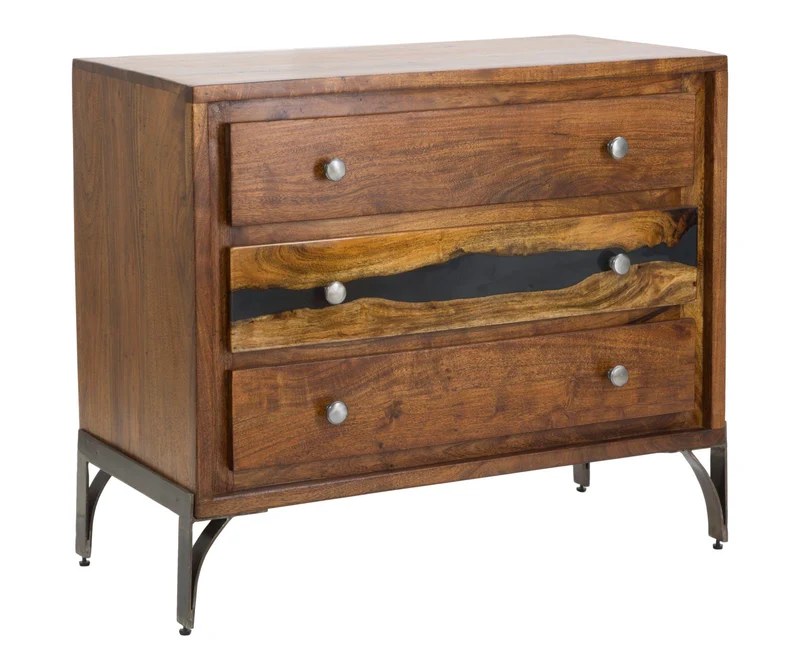 Comò cassettone 3 cassetti stile industriale in legno di acacia e metallo cm 88x45x75h