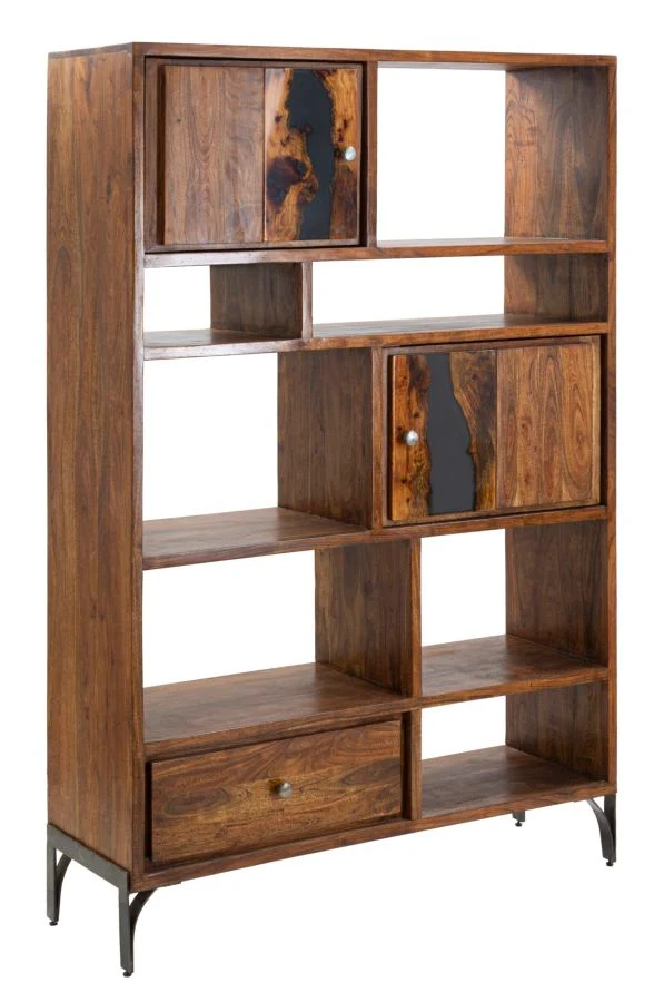 Libreria con ante cassetto e vani in legno di acacia e metallo cm 118x40x178h