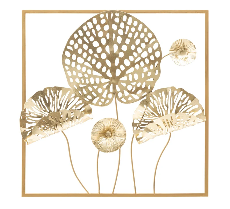 Quadro pannello decorativo con foglie in metallo dorato 3D cm 50x5x50h