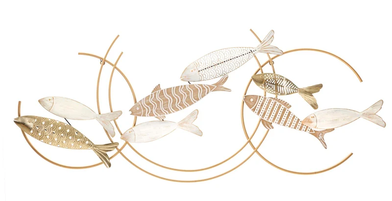 Decorazione a parete moderna in metallo e legno 3D con pesci cm 142x5x61h