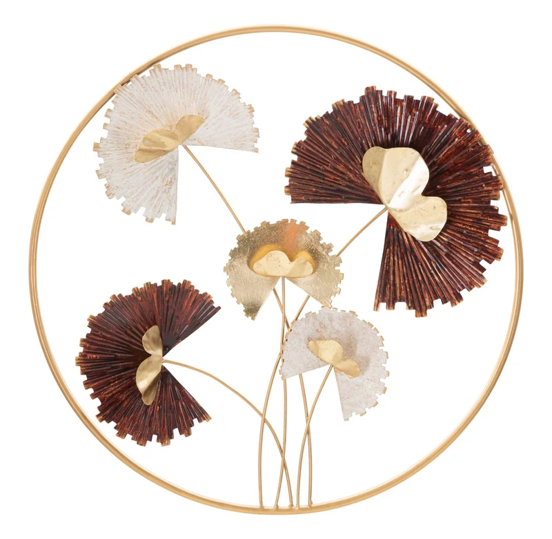 Pannello decorativo rotondo in metallo 3D con fiori stilizzati cm 61x5