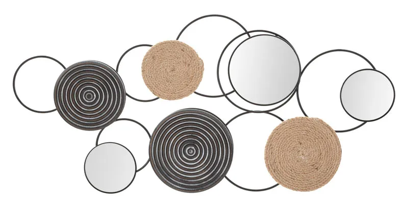 Pannello moderno decorativo con cerchi in rattan e metallo con specchietti cm 106x4x52h