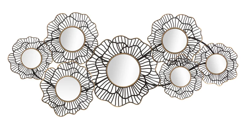 Pannello moderno da parete con fiori e specchi in metallo nero e oro cm 121x5x56h
