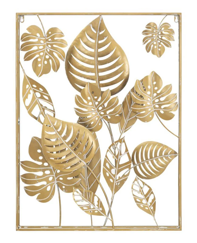 Pannello da parete quadretto in metallo 3D colore oro con foglie cm 60x6x80h