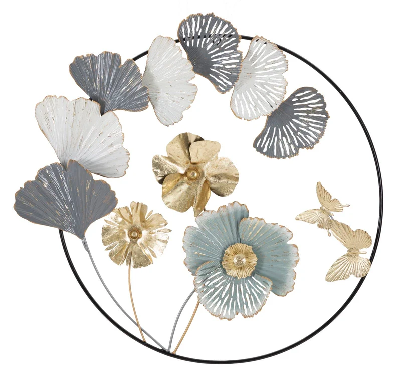 Pannello design da parete decorativo rotondo in metallo con fiori cm 78x5x74h