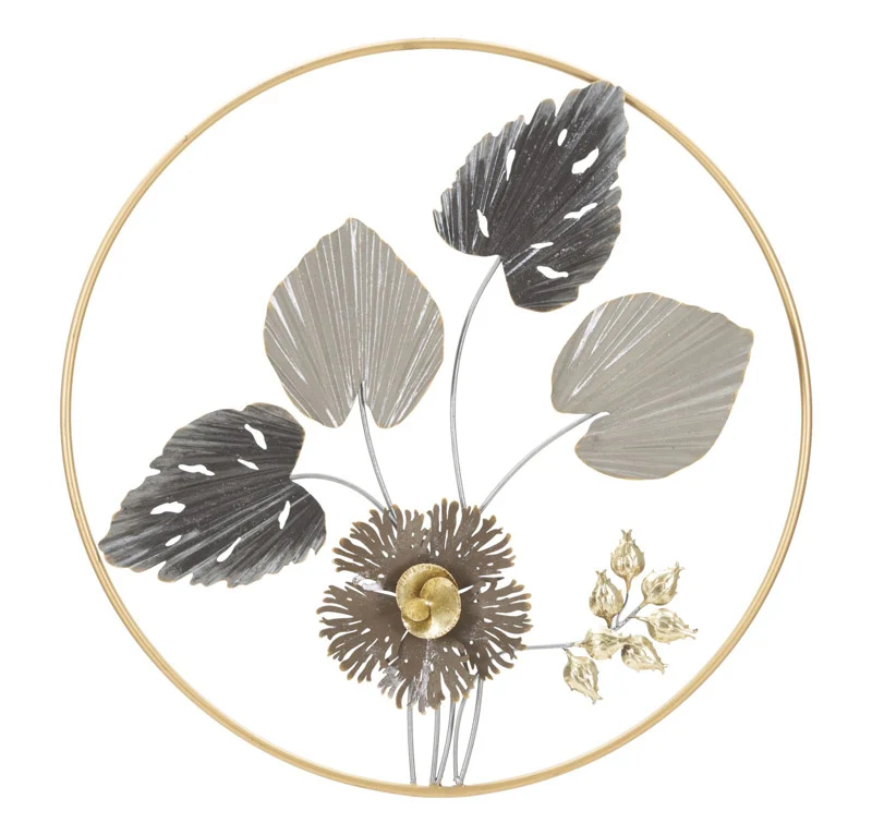 Decorazione parete in metallo rotonda con fiori e foglie cm Ø 65x4