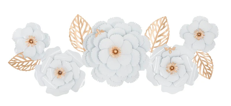 Pannello decorativo da parete con fiore e foglie in metallo 3D oro e bianco cm 158x9x60h