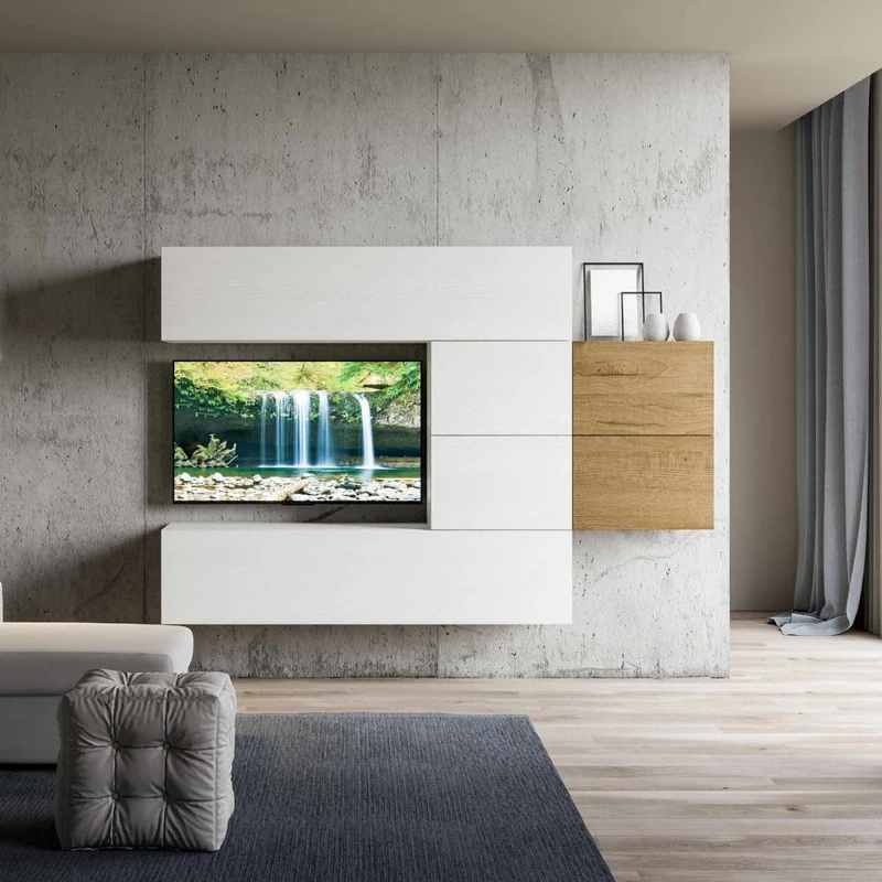 Febea - Parete design moderno sospesa in legno componibile per soggiorno