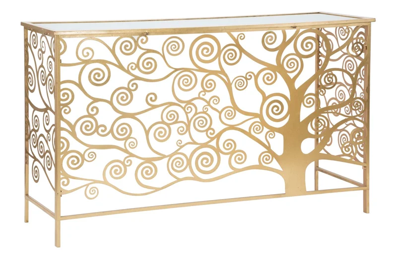 Console Albero della Vita 141,5x40,5x81,5 cm in Ferro MDF e Specchio Oro