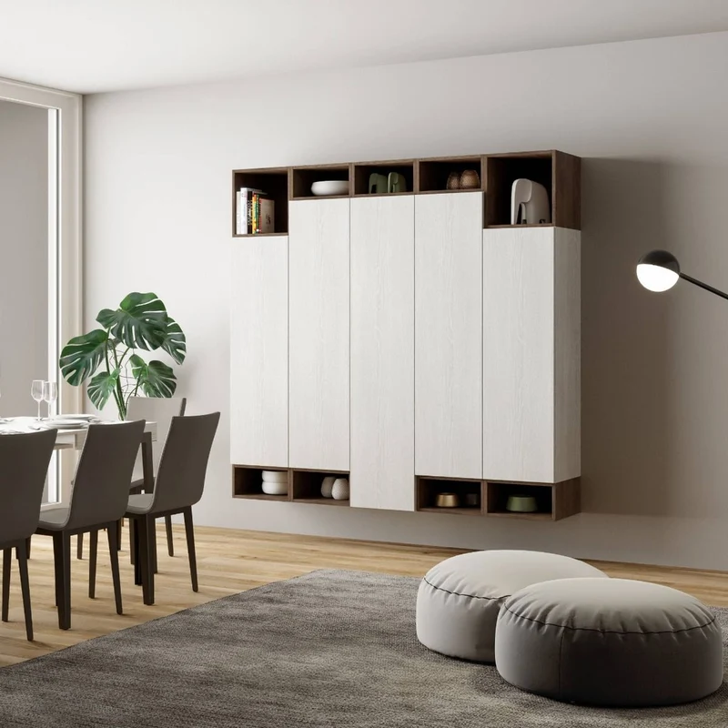 Aristea - Parete design per living o ingresso in legno bianco e noce
