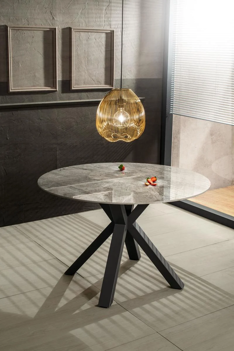Tavolo rotondo fisso gambe incrociate in metallo piano effetto marmo cm Ø 120x76h